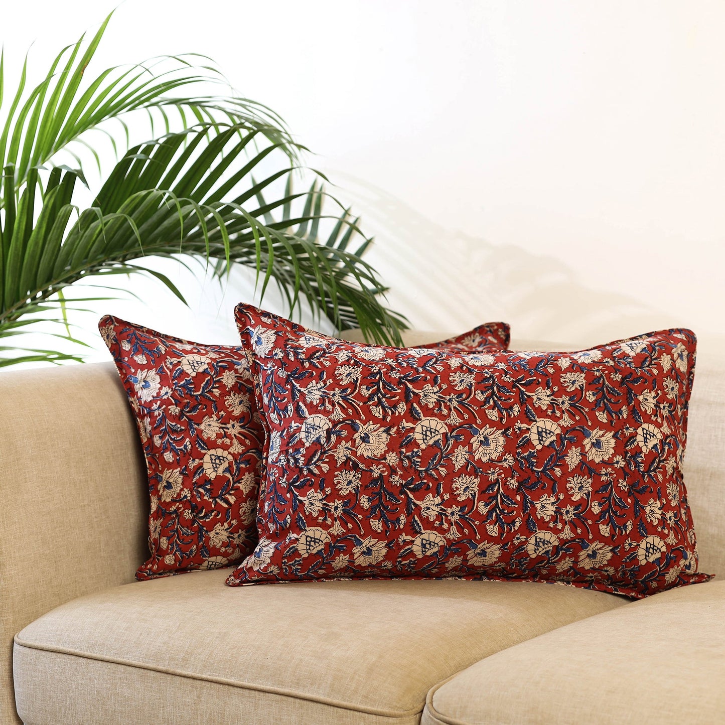Buy Set of 2 Red Bagru Block Print Cotton Pillow Covers
