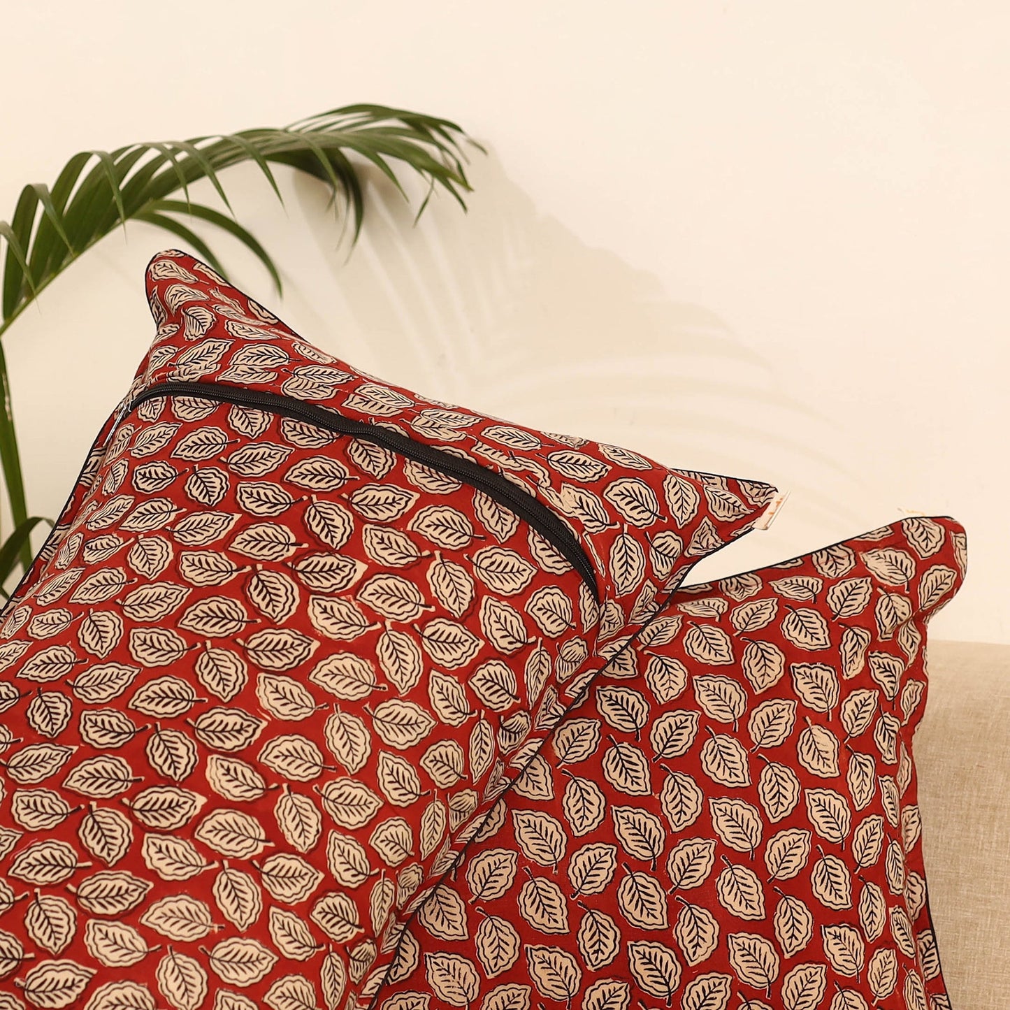 Red - set of 2 bagru hand pillow covers 14 - handcrafted