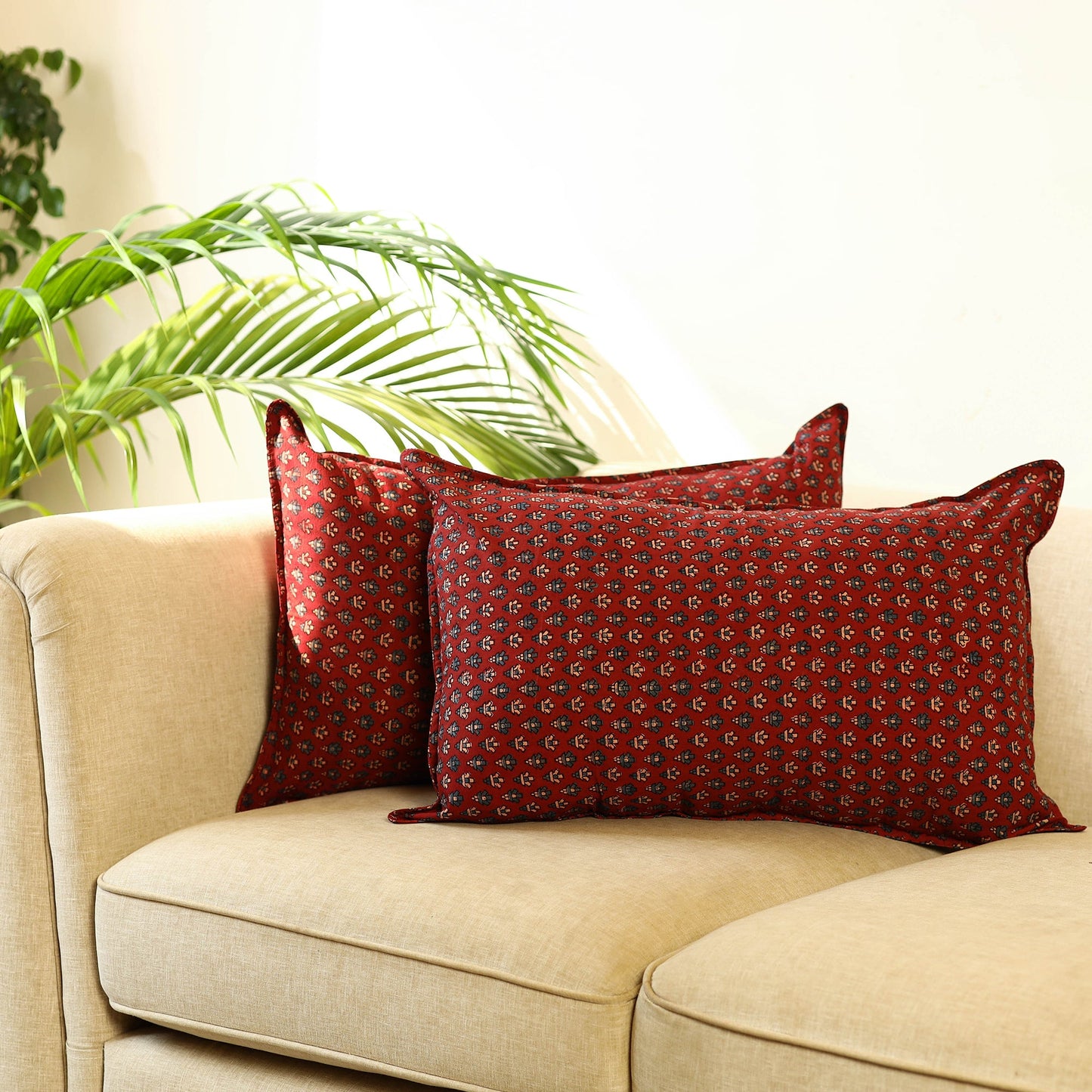 Buy Set of 2 Red Ajrakh Block Print Cotton Pillow Covers