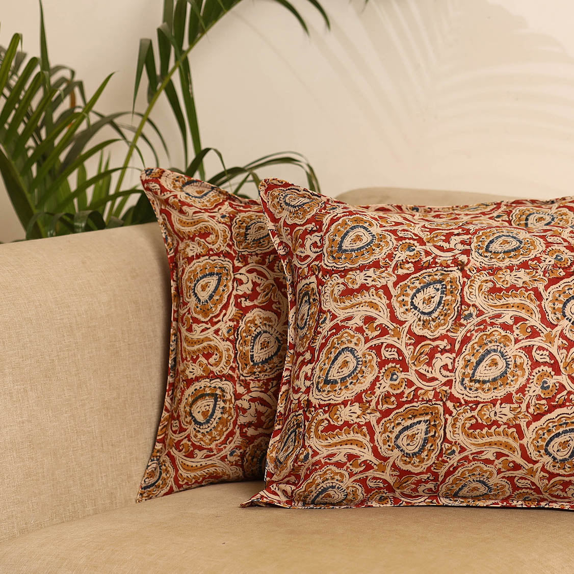 Red - set of 2 kalamkari hand pillow covers 37 - handcrafted