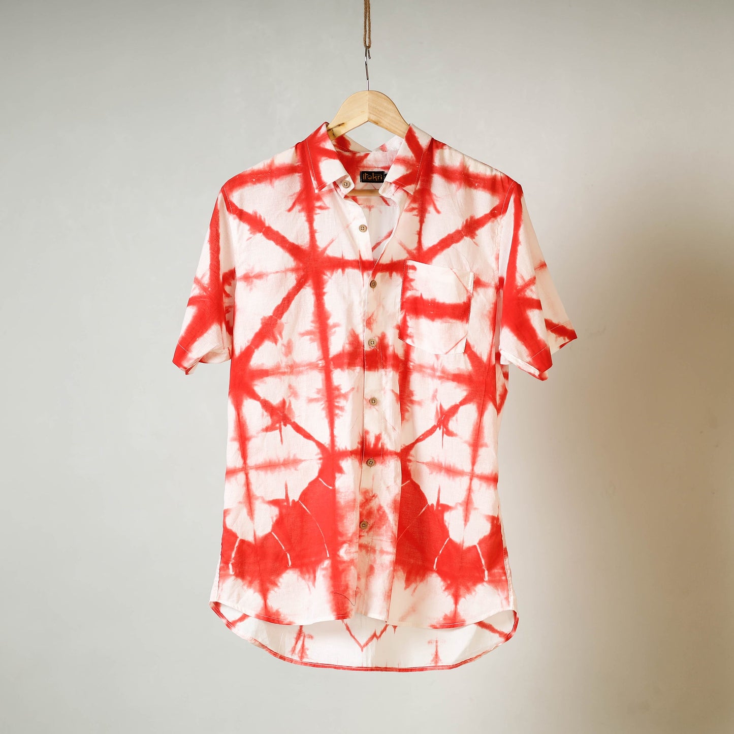 Red - shibori tie-dye mul cotton men half sleeve shirt