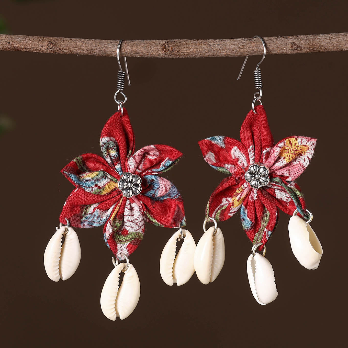 Red - sidra fabart phool kali shell earrings - handcrafted