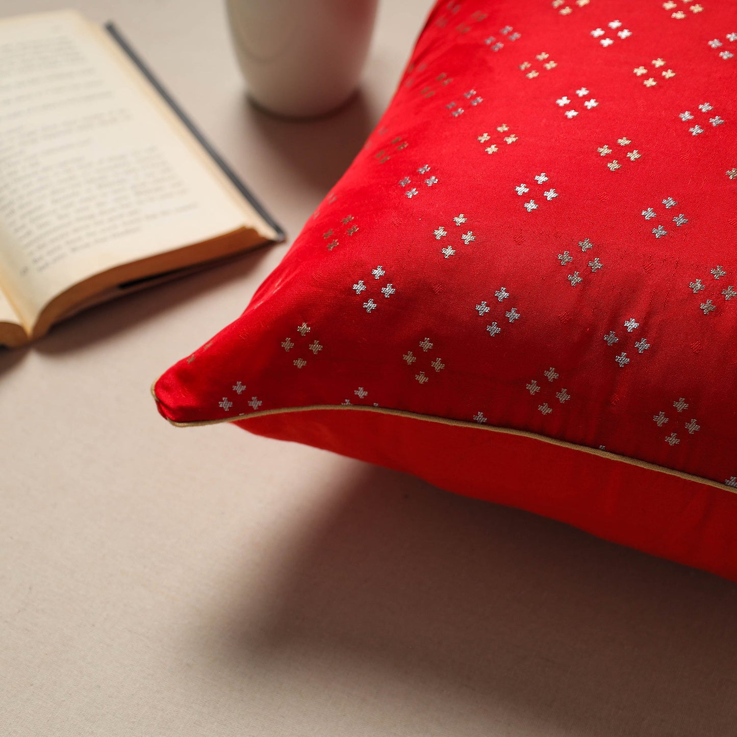 Red - silk banarasi cushion cover with zari work 03