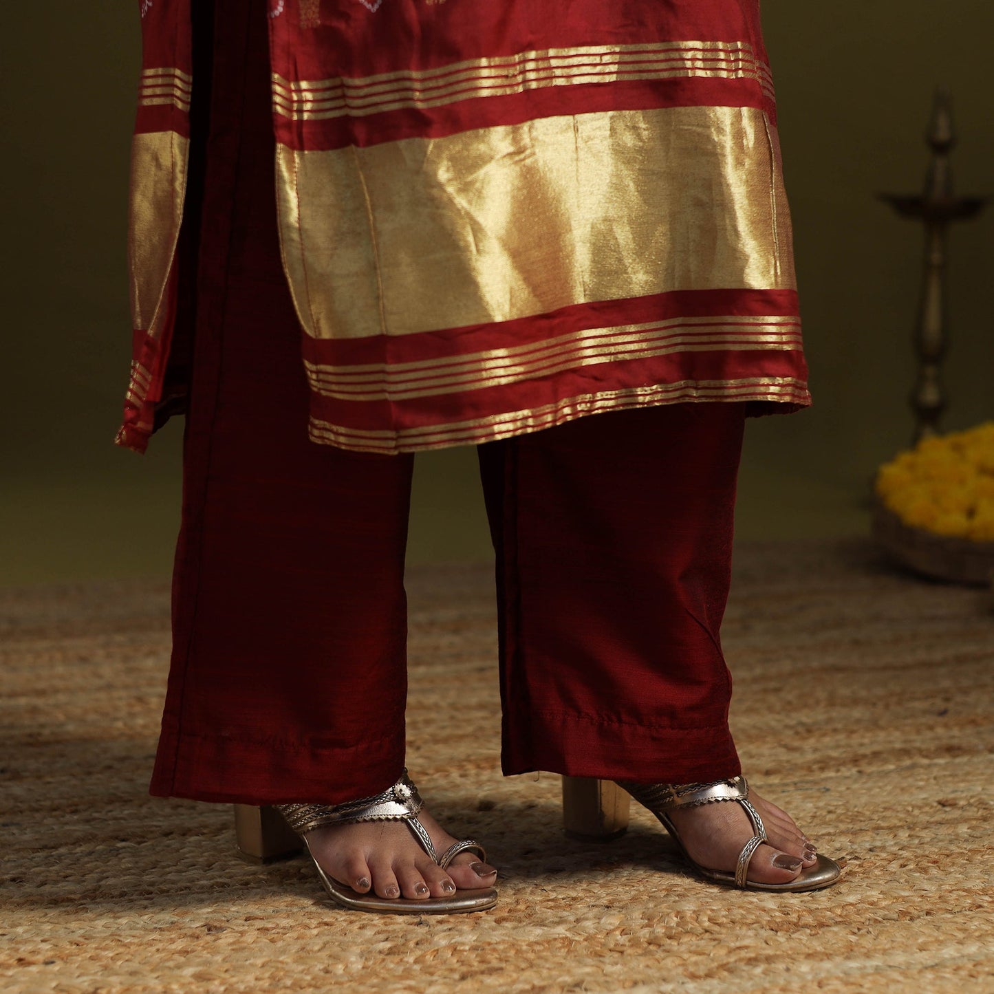 Red - silk bandhani kurta set with lagdi patta (set of 2)