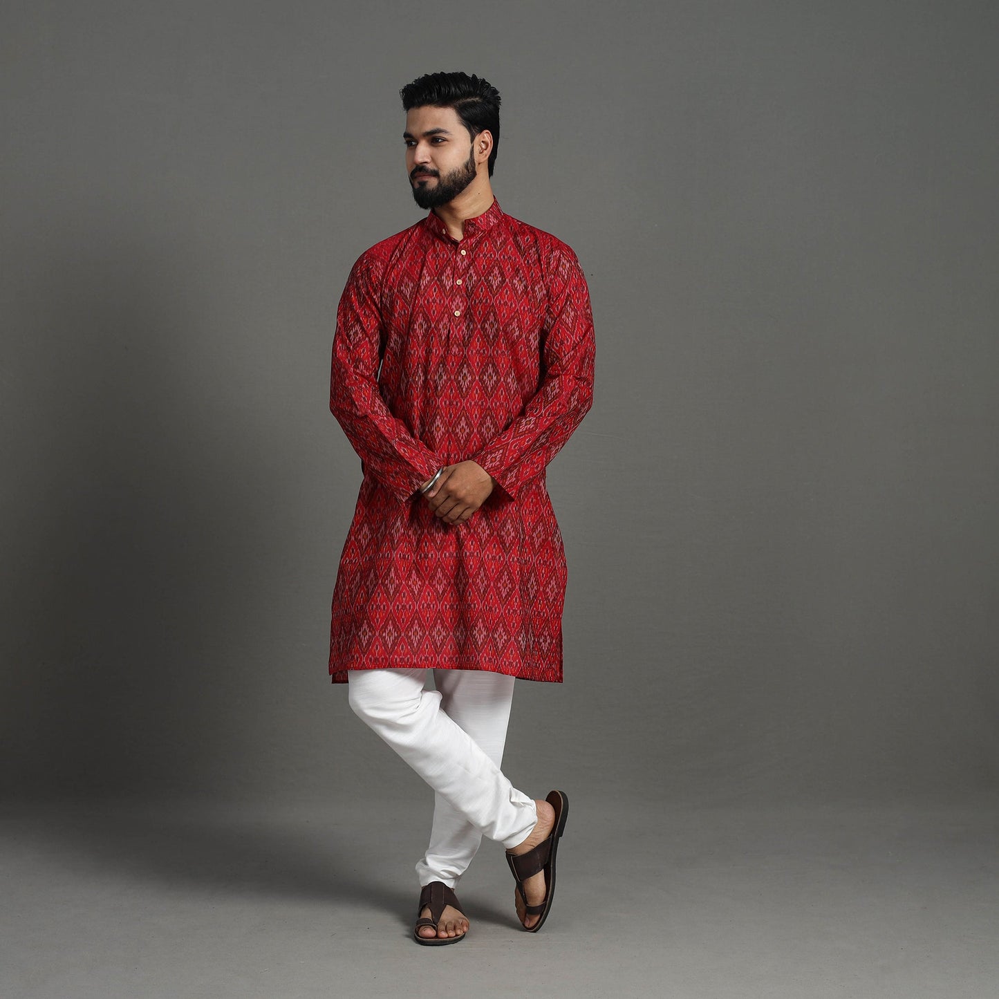 Red Silk Cotton Handwoven Pochampally Ikat Kurta for Men