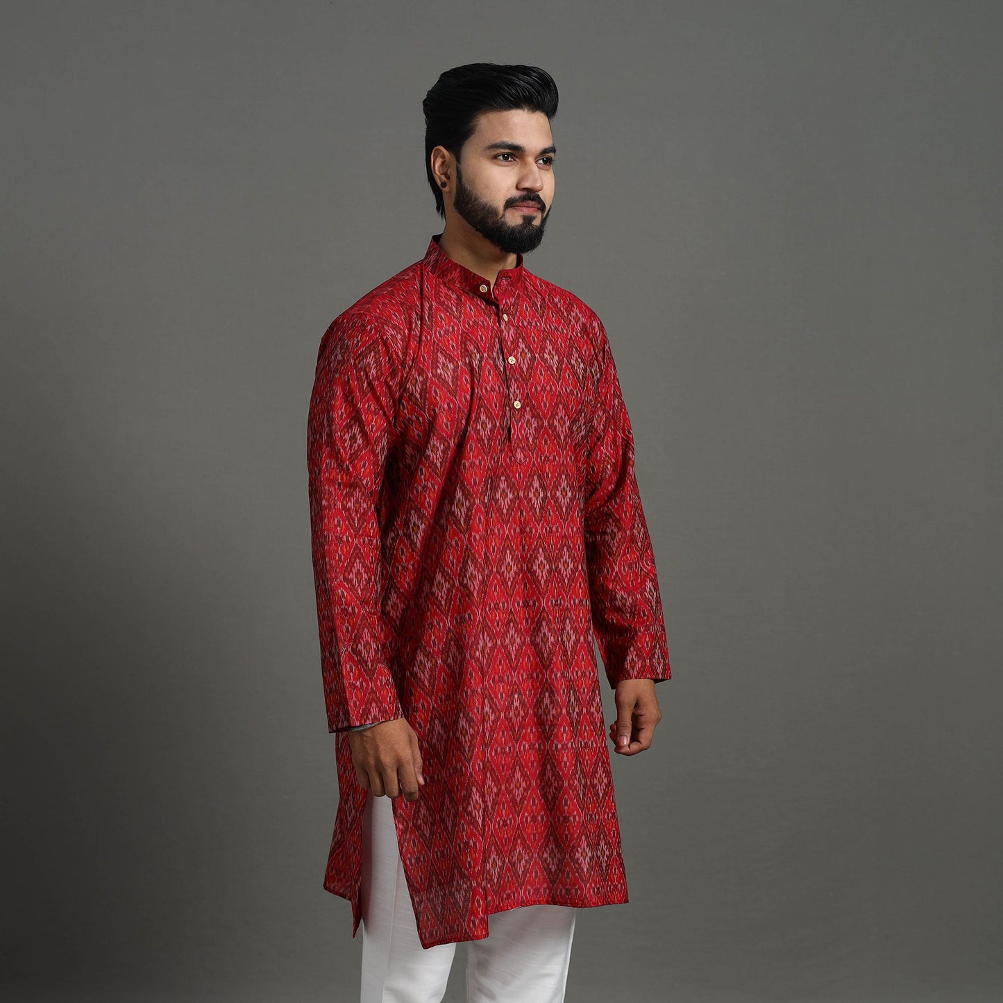 Red Silk Cotton Handwoven Pochampally Ikat Kurta for Men