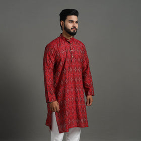 Red Silk Cotton Handwoven Pochampally Ikat Kurta for Men