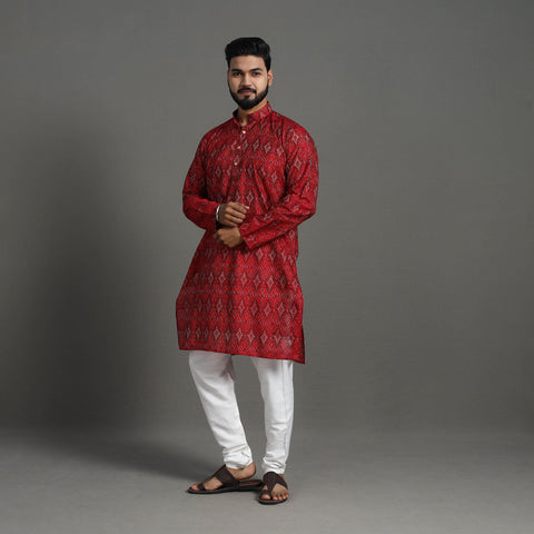 Red Silk Cotton Handwoven Pochampally Ikat Kurta for Men