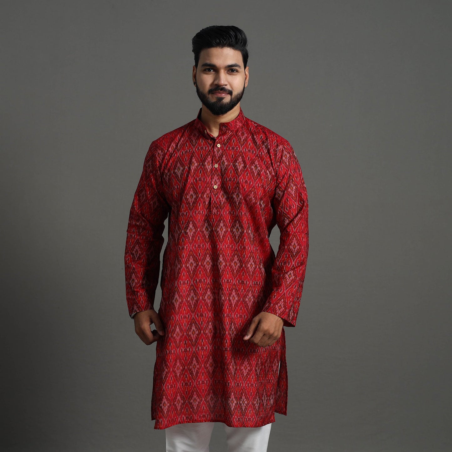 Red Silk Cotton Handwoven Pochampally Ikat Kurta for Men