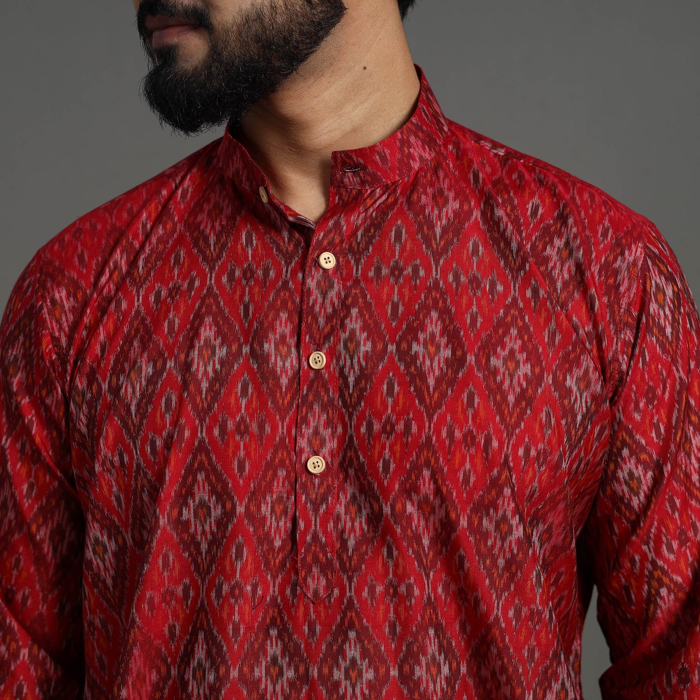 Red Silk Cotton Handwoven Pochampally Ikat Kurta for Men