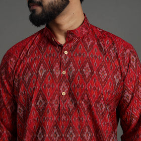 Red Silk Cotton Handwoven Pochampally Ikat Kurta for Men
