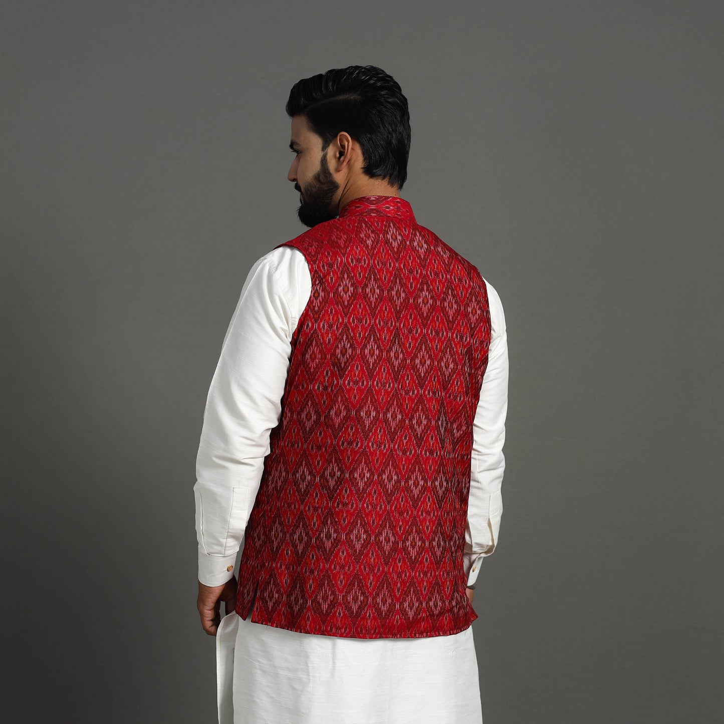 Red Silk Cotton Handwoven Pochampally Ikat Nehru Jacket