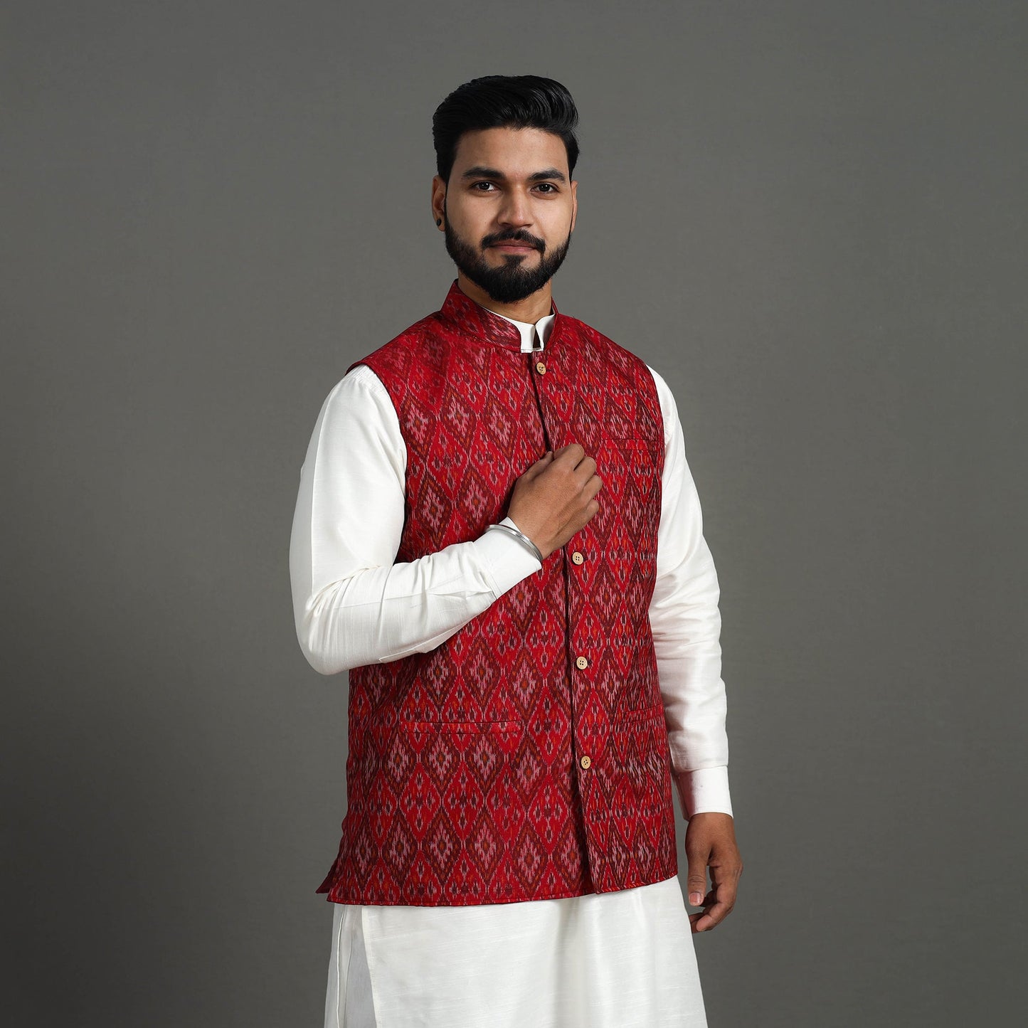 Red Silk Cotton Handwoven Pochampally Ikat Nehru Jacket