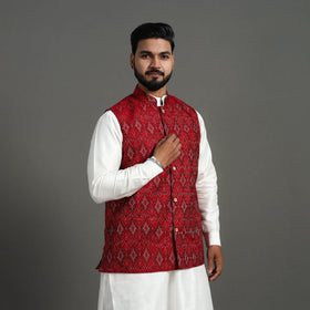 Red Silk Cotton Handwoven Pochampally Ikat Nehru Jacket