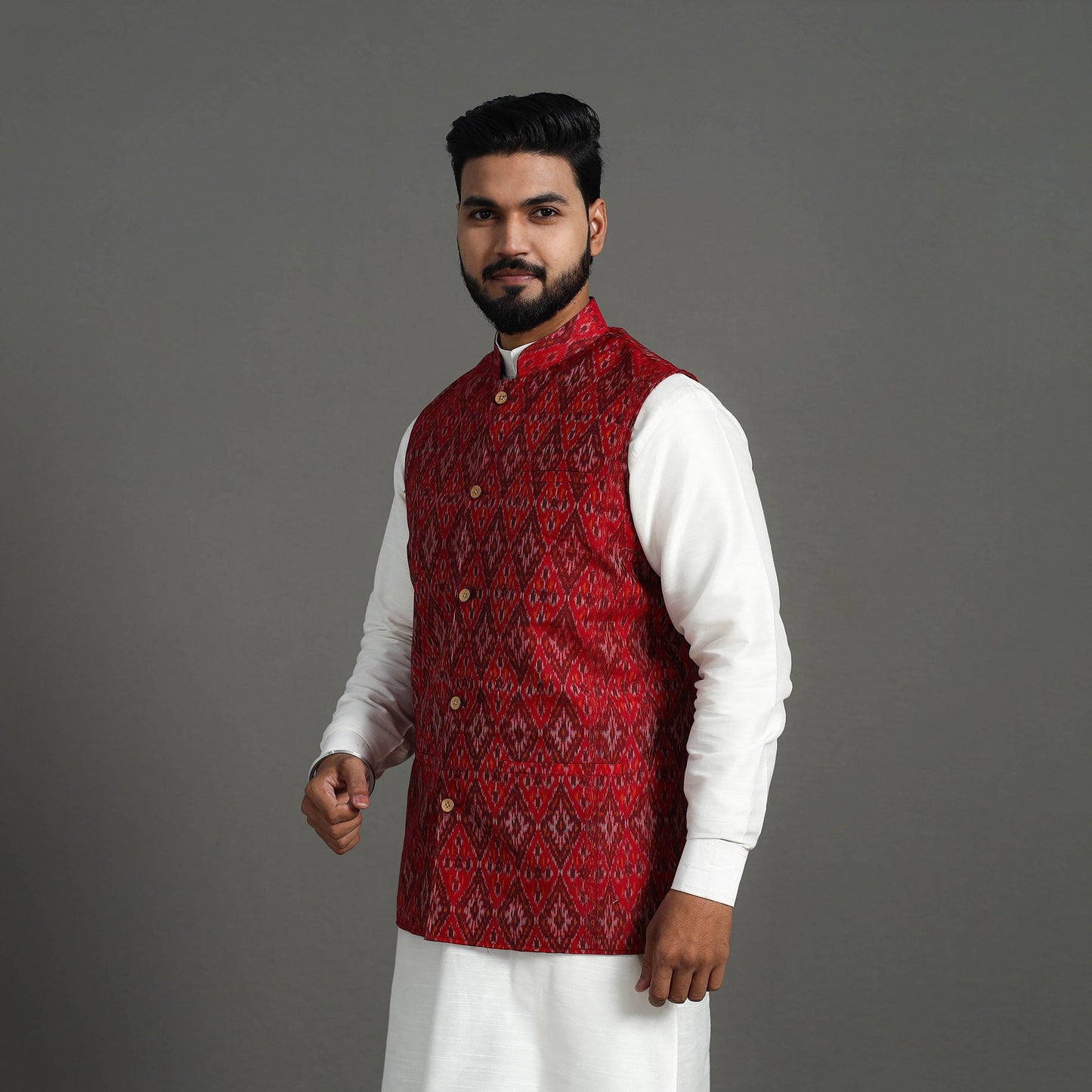 Red Silk Cotton Handwoven Pochampally Ikat Nehru Jacket