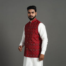 Red Silk Cotton Handwoven Pochampally Ikat Nehru Jacket