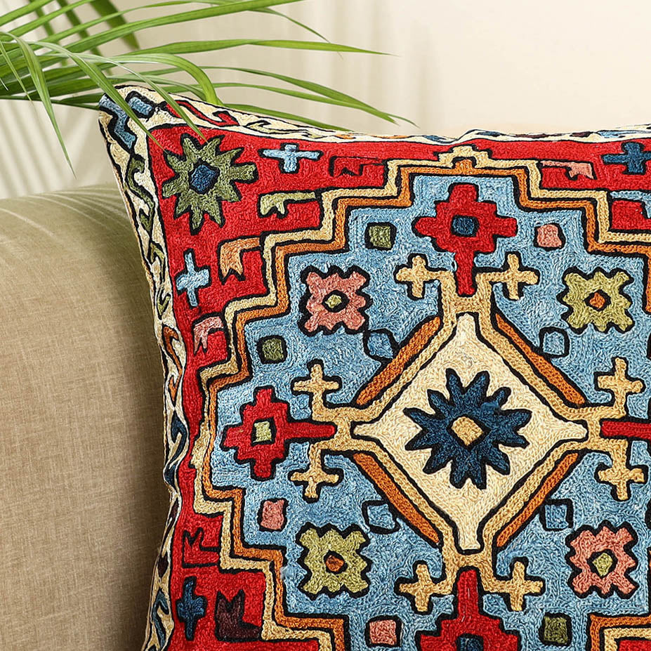 Red - silk thread crewel embroidery cushion cover (16 x 16)