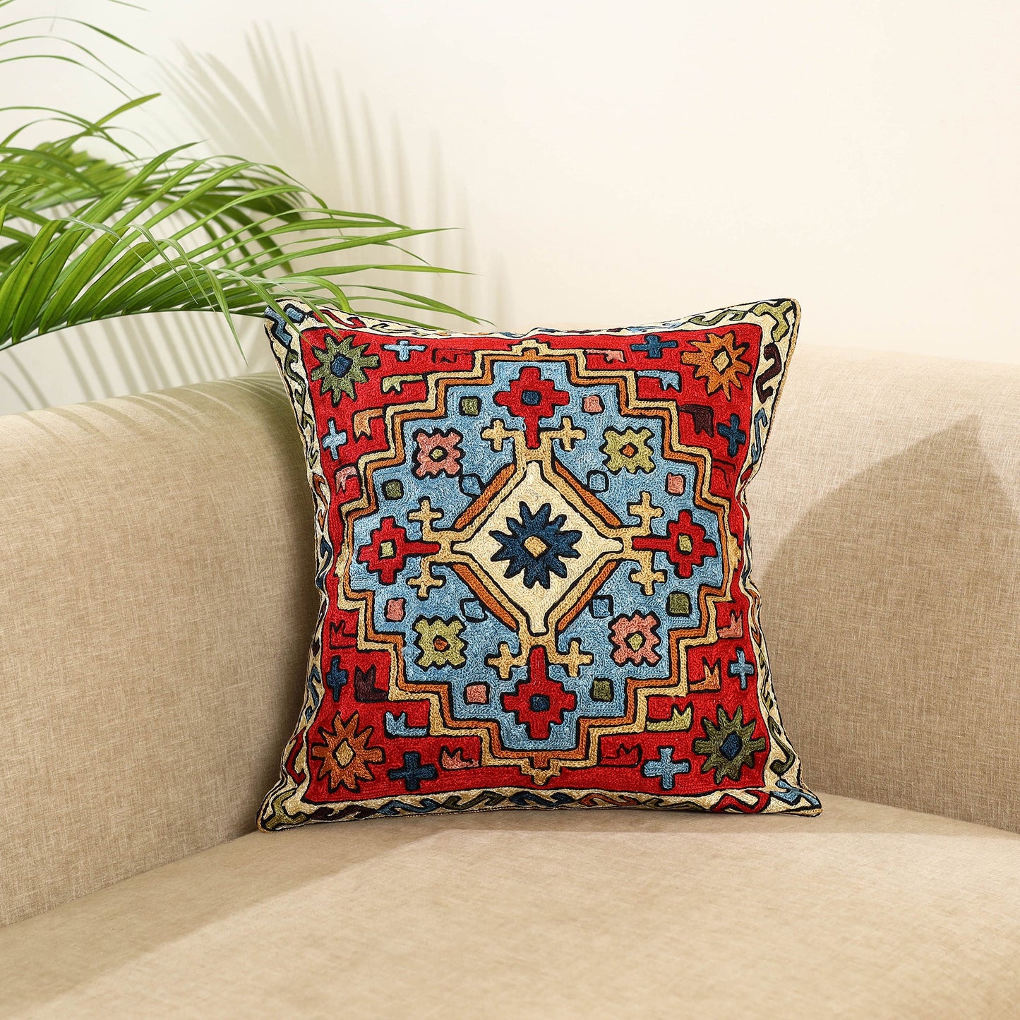 Red - silk thread crewel embroidery cushion cover (16 x 16)