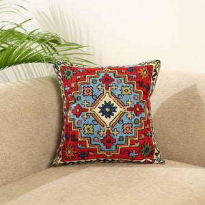 Red - silk thread crewel embroidery cushion cover (16 x 16)