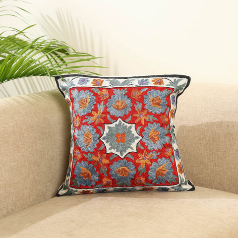Red Silk Thread Crewel Embroidery Cushion Cover