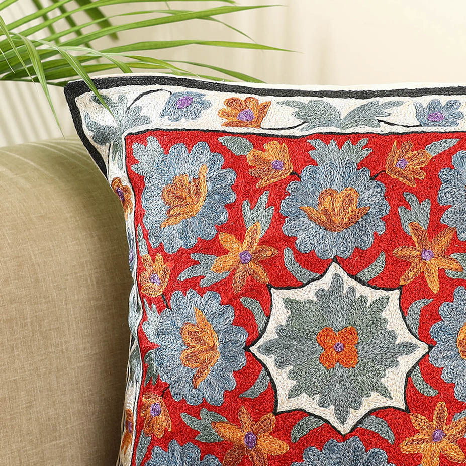Red Silk Thread Crewel Embroidery Cushion Cover