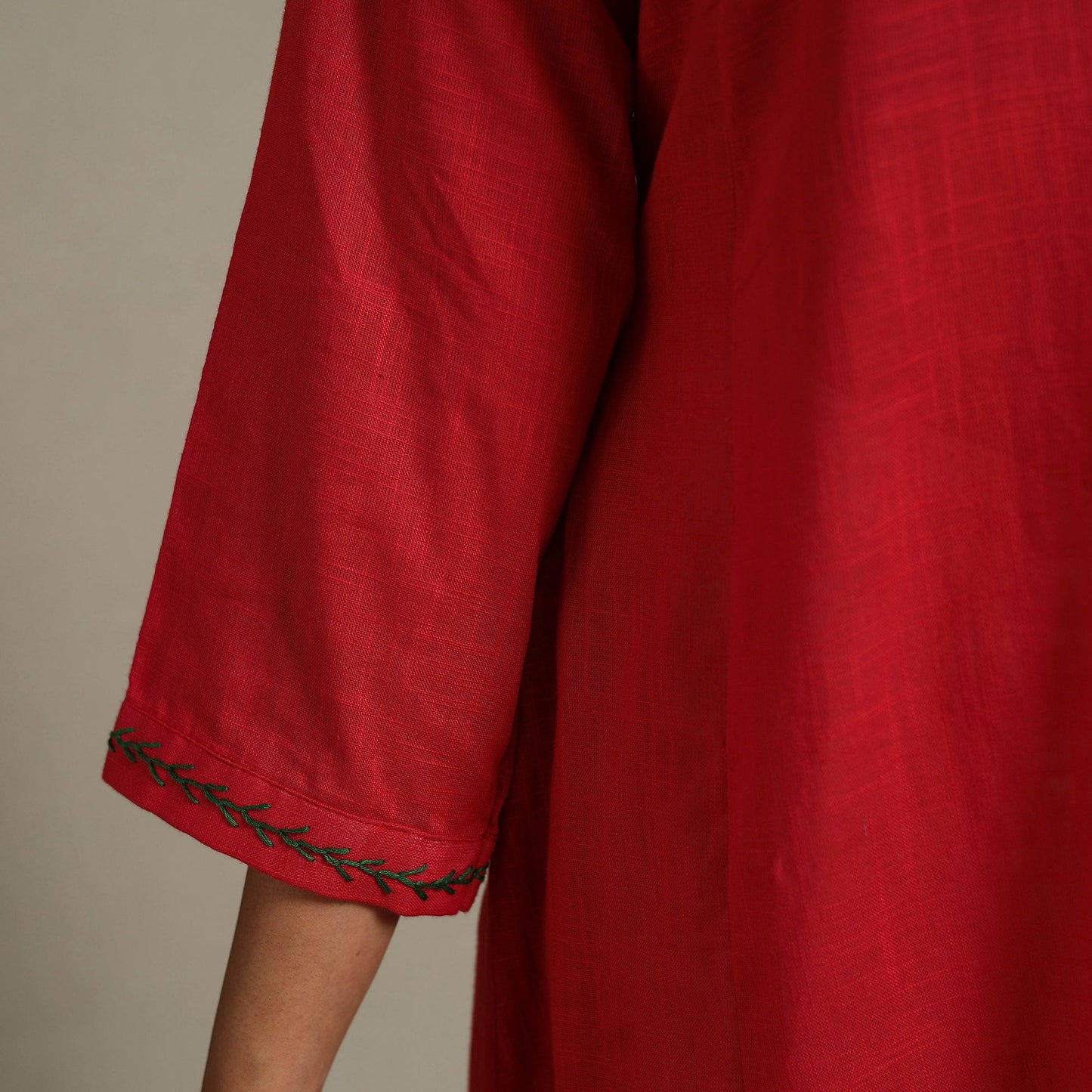 Red Slub Cotton A-Line Plain Kurta with Hand Embroidery