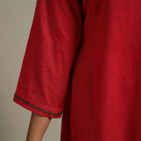 Red Slub Cotton A-Line Plain Kurta with Hand Embroidery