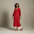 Red Slub Cotton A-Line Plain Kurta with Hand Embroidery