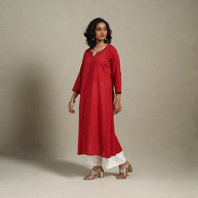 Red Slub Cotton A-Line Plain Kurta with Hand Embroidery