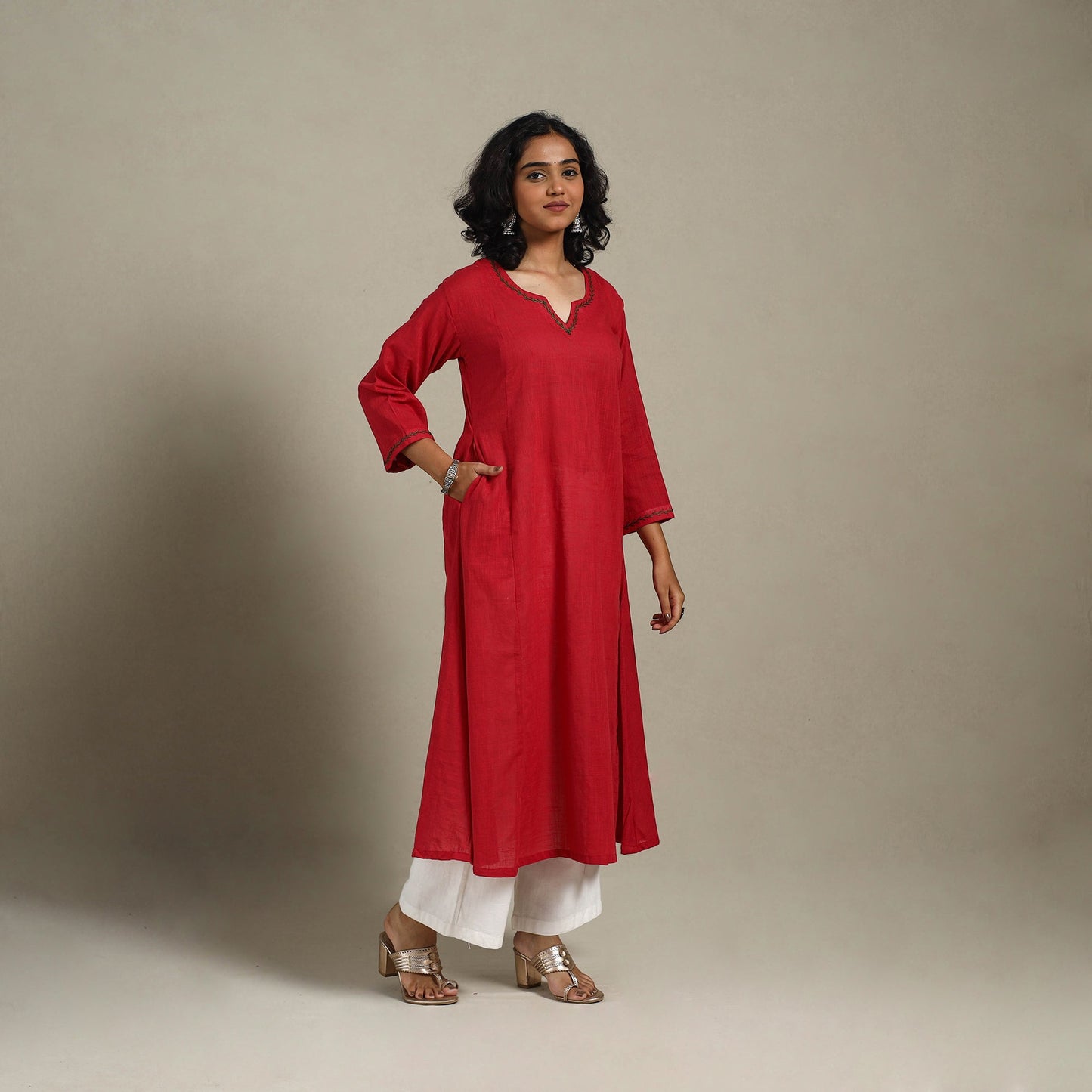 Red Slub Cotton A-Line Plain Kurta with Hand Embroidery