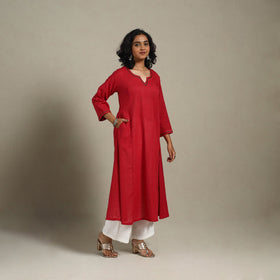 Red Slub Cotton A-Line Plain Kurta with Hand Embroidery