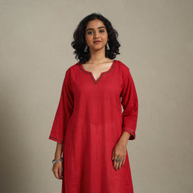 Red Slub Cotton A-Line Plain Kurta with Hand Embroidery