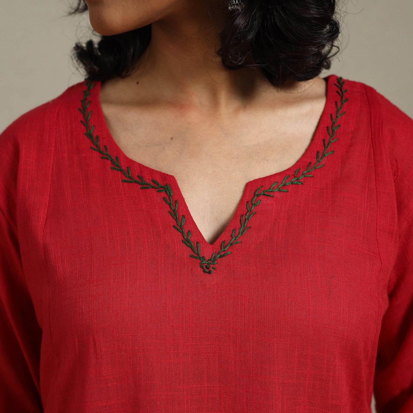 Red Slub Cotton A-Line Plain Kurta with Hand Embroidery
