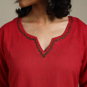 Red Slub Cotton A-Line Plain Kurta with Hand Embroidery
