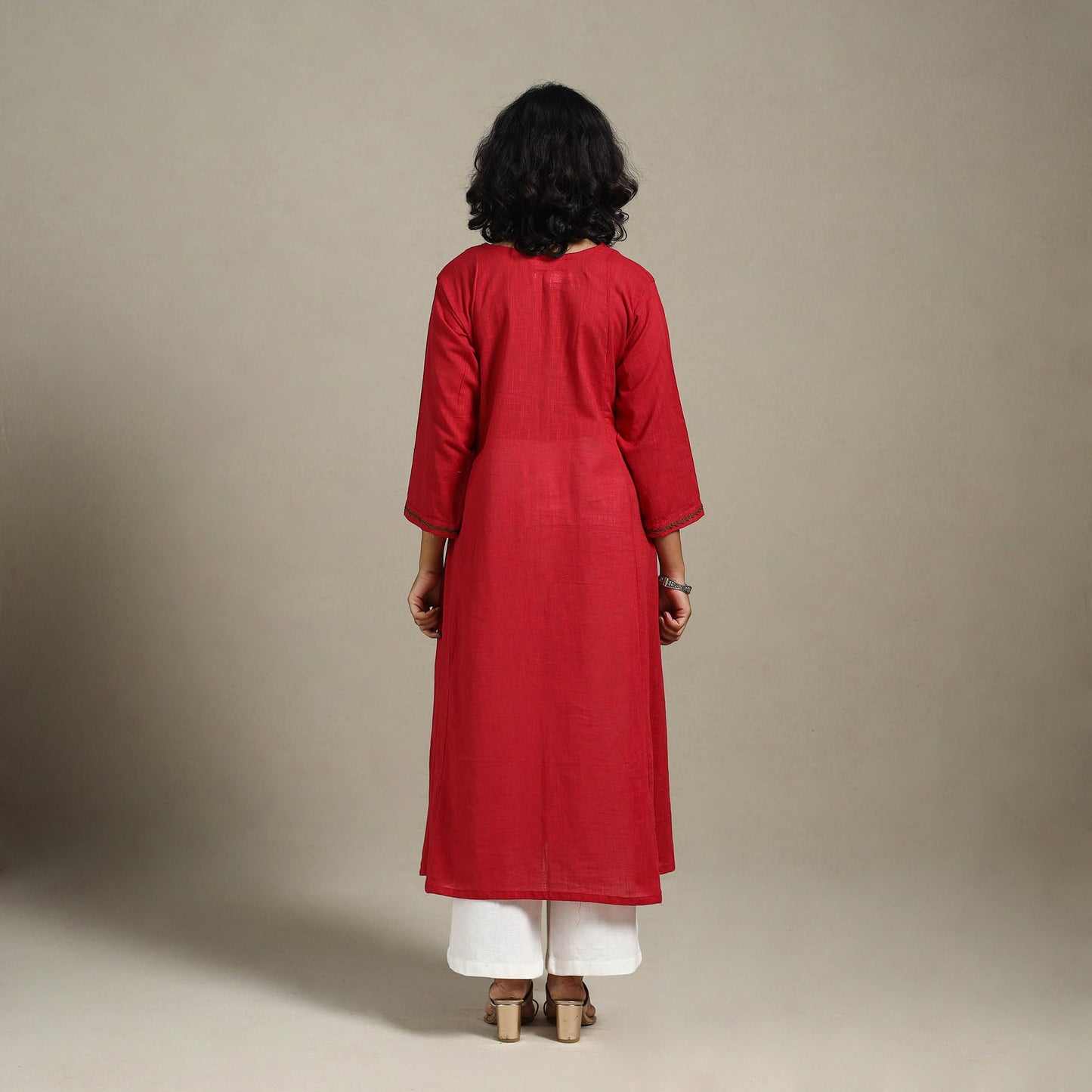 Red Slub Cotton A-Line Plain Kurta with Hand Embroidery