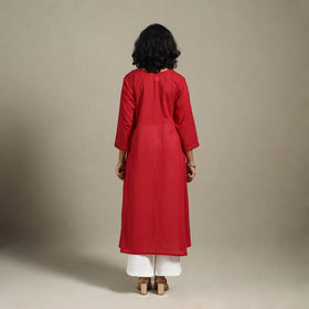 Red Slub Cotton A-Line Plain Kurta with Hand Embroidery