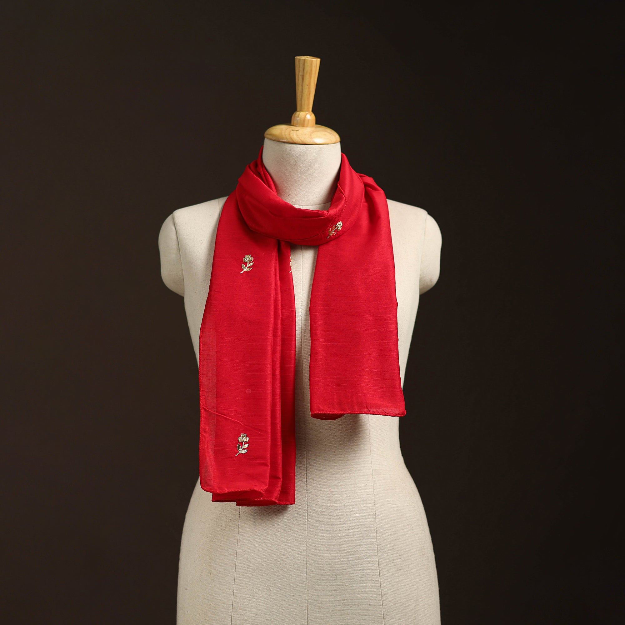 Red Slub Silk Hand Embroidered Plain Stole