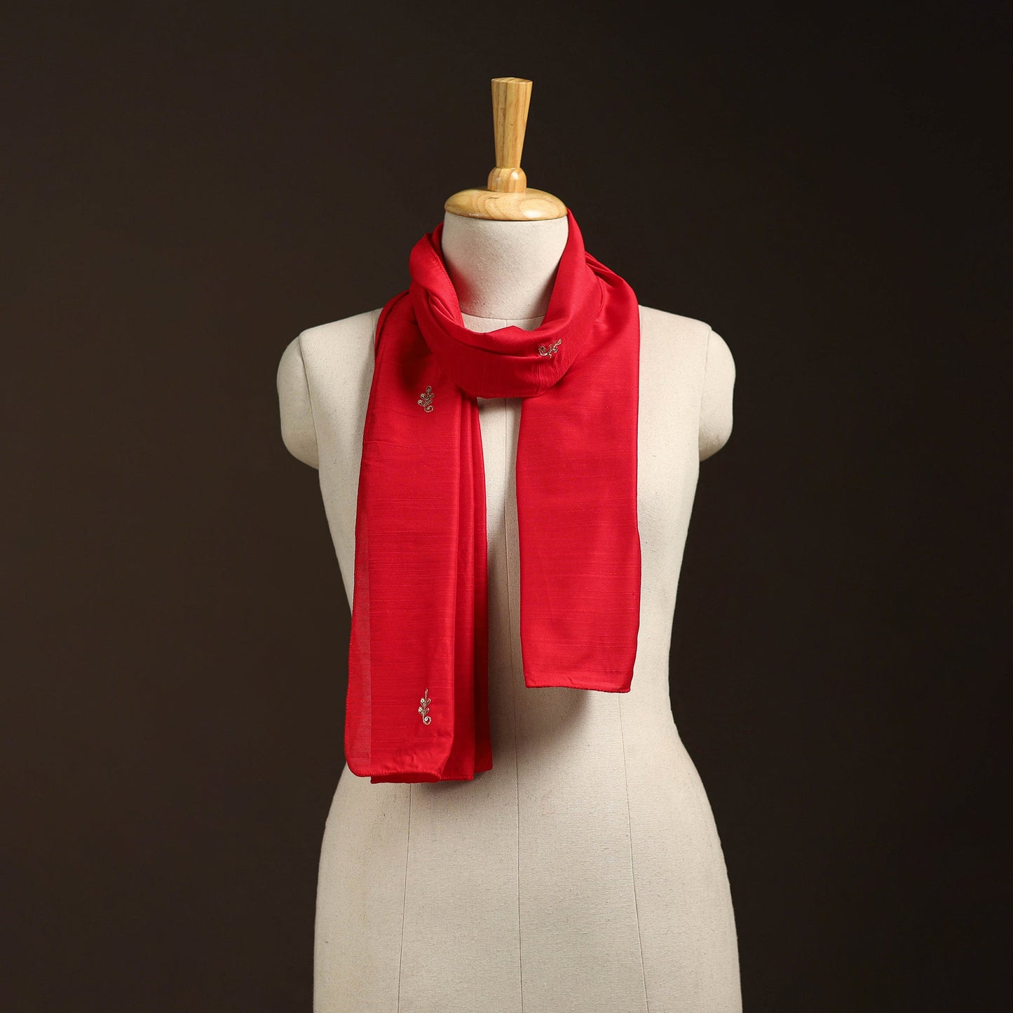 Red - slub silk hand embroidered plain stole 03