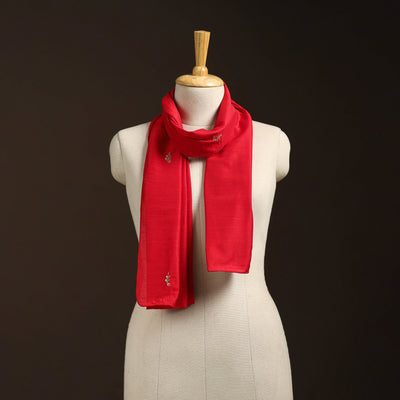 Red - slub silk hand embroidered plain stole 03