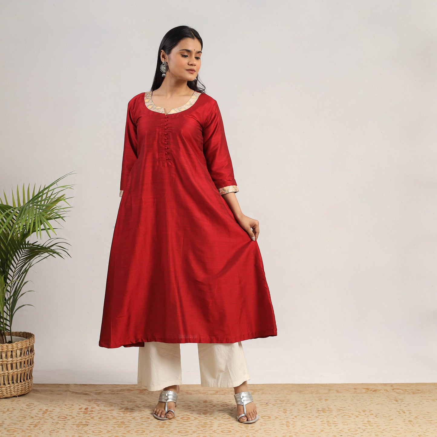 Red Slub Silk A-Line Plain Kurta for Women