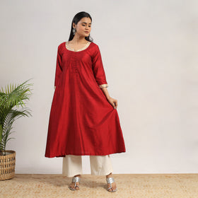 Red Slub Silk A-Line Plain Kurta for Women