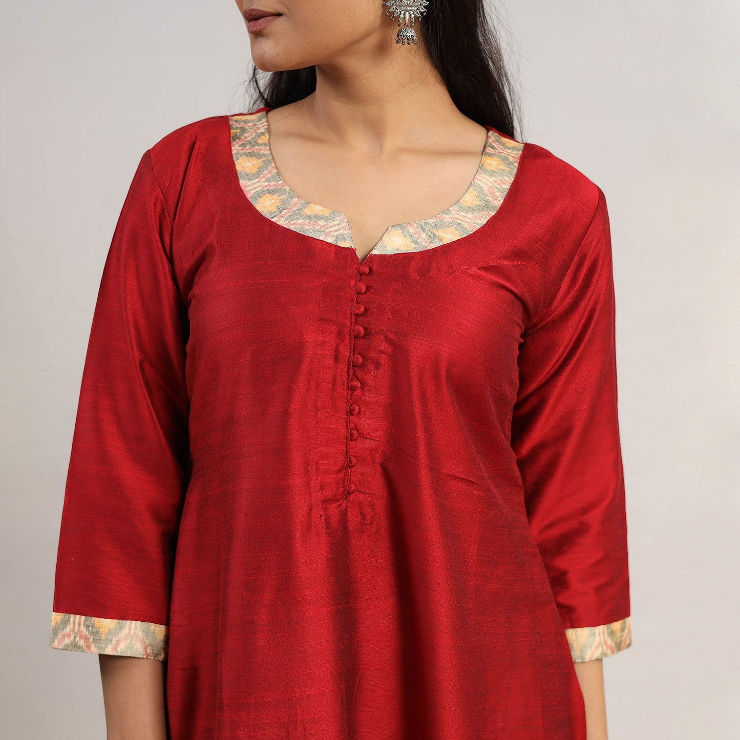 Red Slub Silk A-Line Plain Kurta for Women