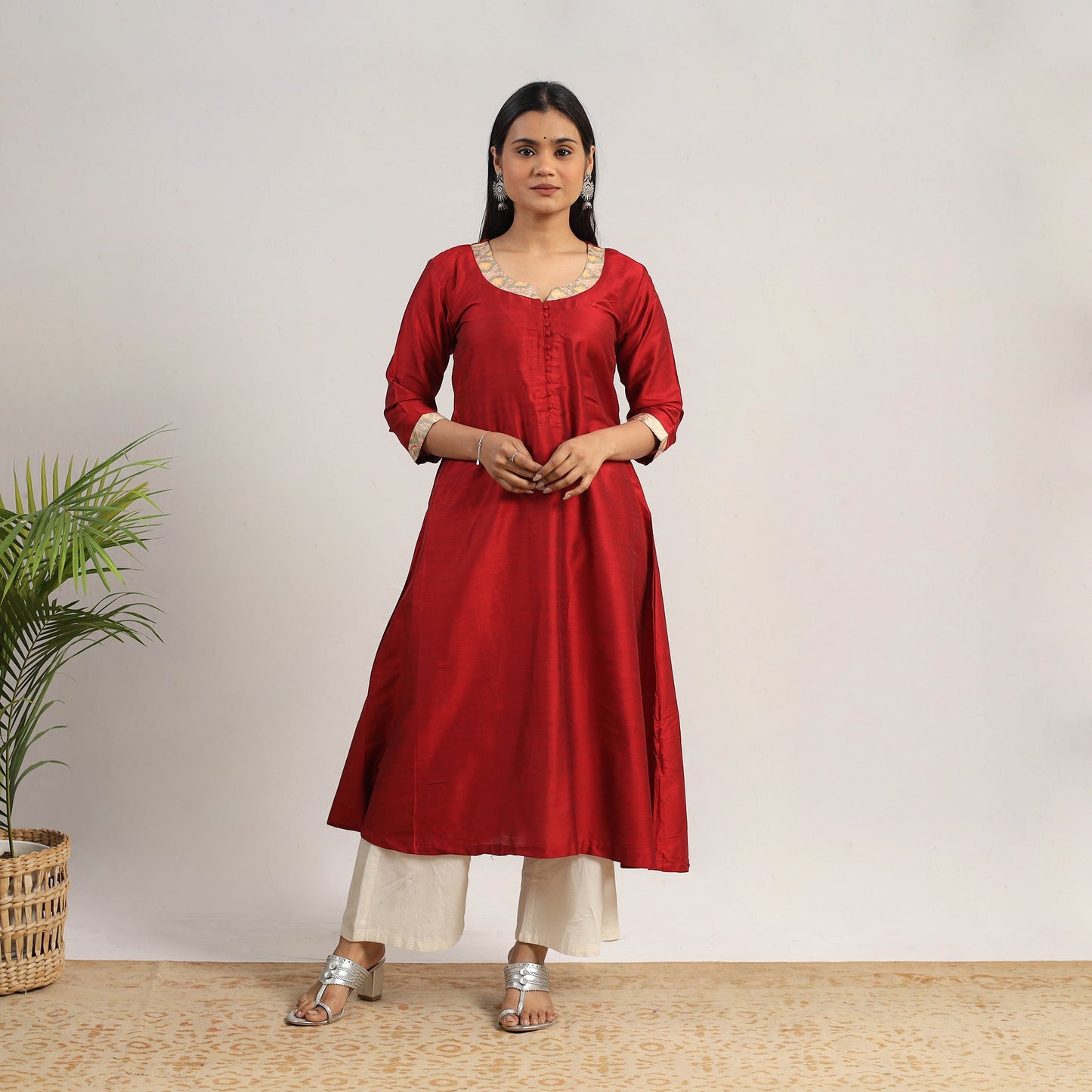 Red Slub Silk A-Line Plain Kurta for Women