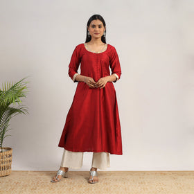 Red Slub Silk A-Line Plain Kurta for Women
