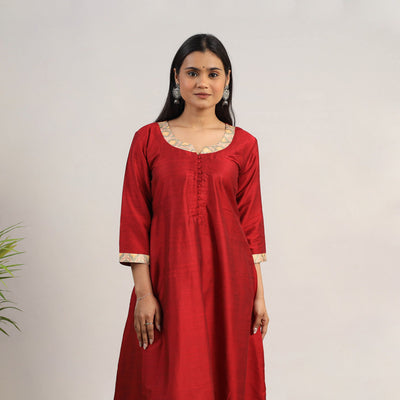 Red Slub Silk A-Line Plain Kurta for Women