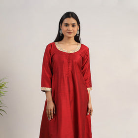 Red Slub Silk A-Line Plain Kurta for Women
