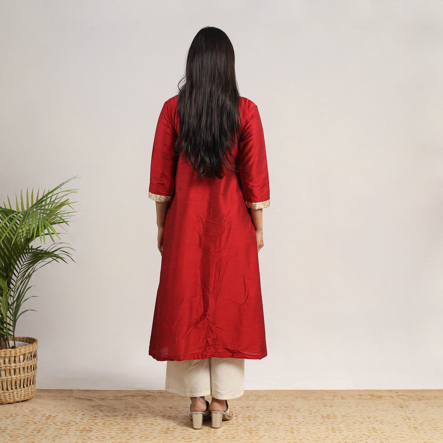 Red Slub Silk A-Line Plain Kurta for Women
