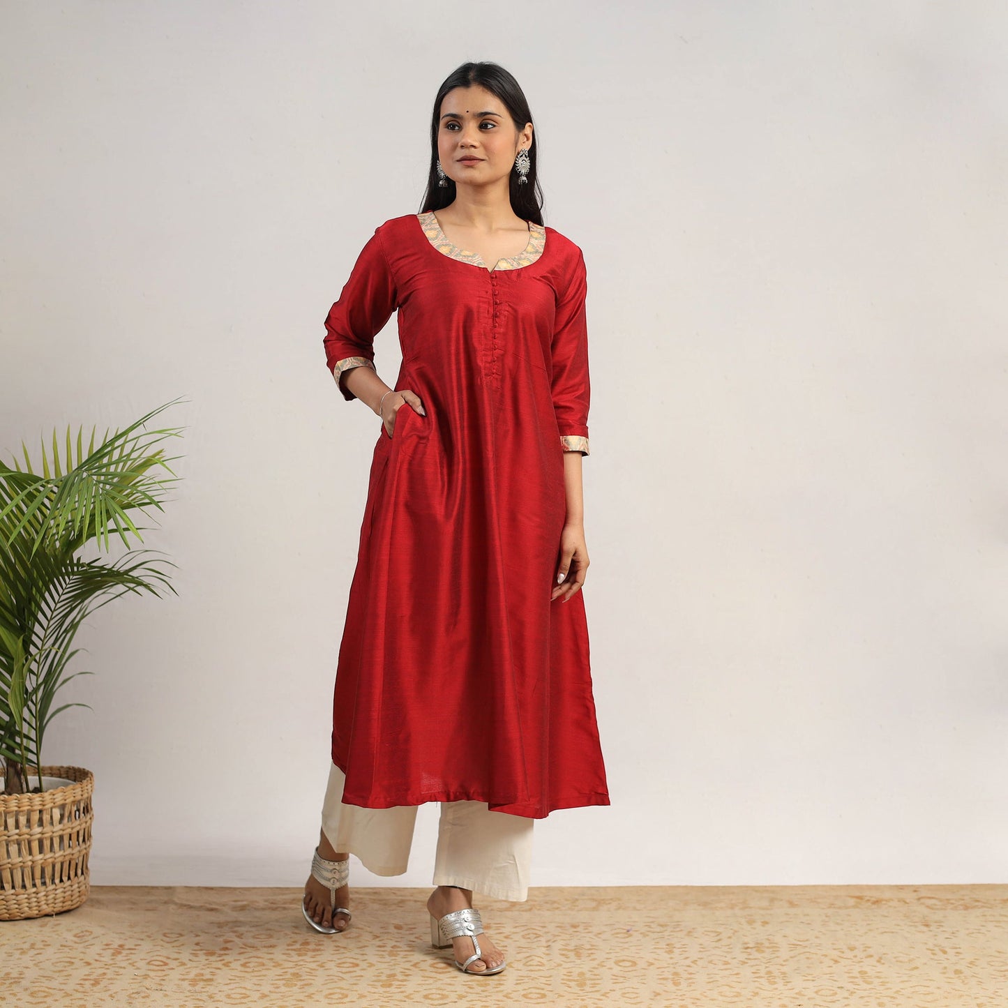 Red Slub Silk A-Line Plain Kurta for Women