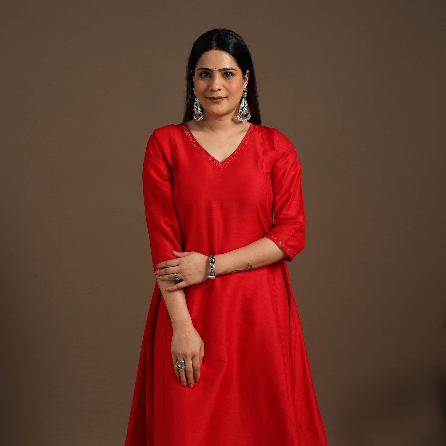Red Slub Silk A-Line Plain Kurta with Hand Embroidery