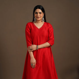 Red Slub Silk A-Line Plain Kurta with Hand Embroidery